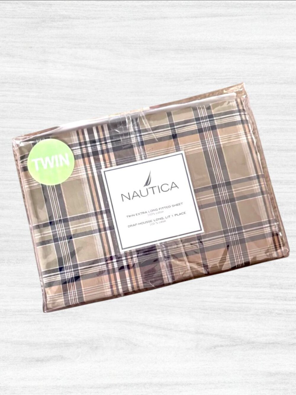 Vintage Y2K Nautica Compass Plaid Twin XL Fitted Sheet 100% Cotton NOS